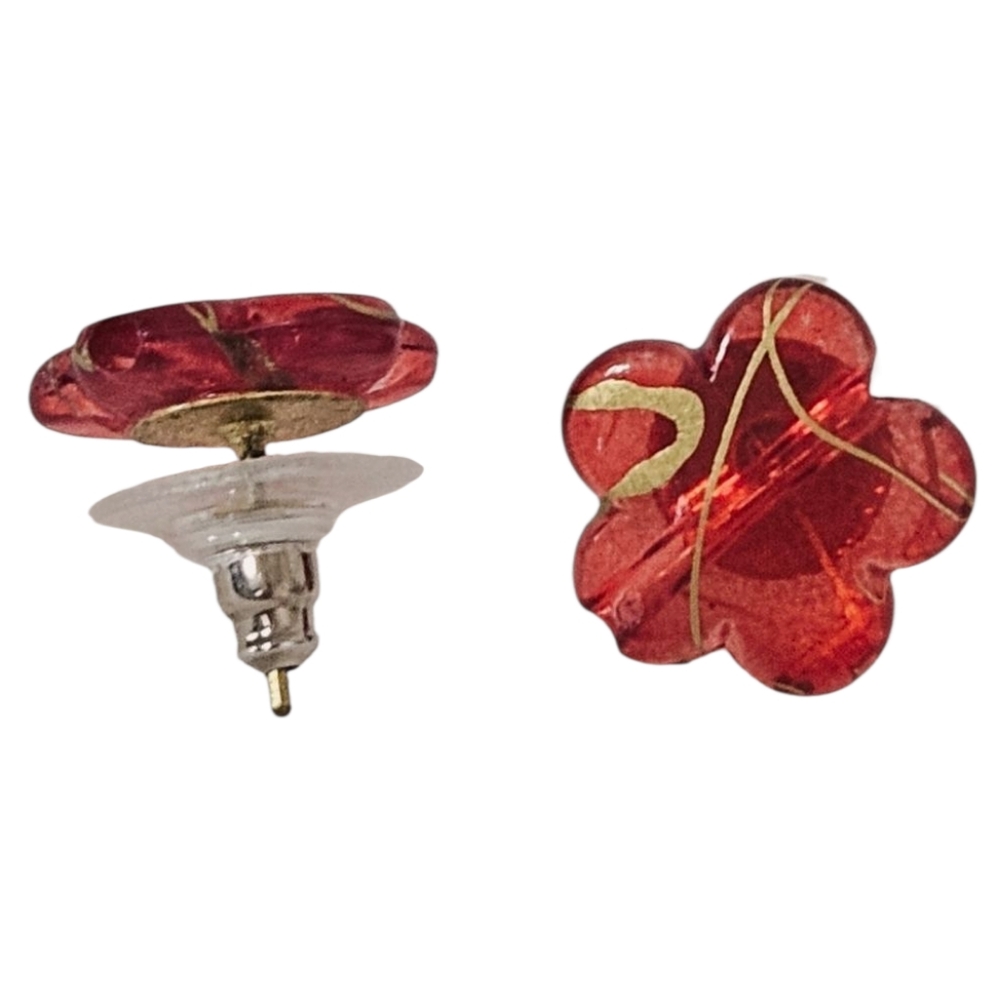 Red Acrylic Flower Stud Earrings Gold Swirl Floral Petite Boutique - Picture 5 of 6